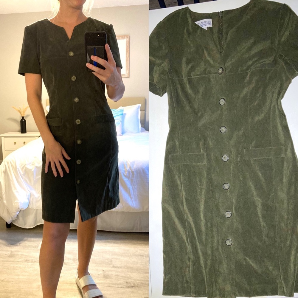 Jessica Howard Dress Vintage 80s 90s Olive Green Button Dress Velvet Feel Dress